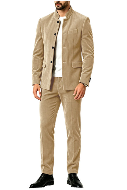 Men's Corduroy 2-Piece Suit – Mandarin Collar Single Breasted Blazer & Pants for Business & Formal Occasions