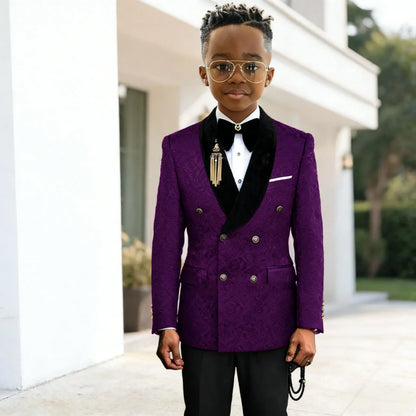 Black Jacquard Floral Boys Suits For weddings Children Suits Double Breasted Kid Wedding Prom Suits Blazers Sets For boys Tuxedo