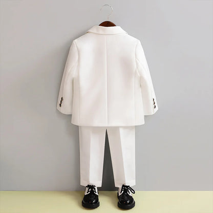 Children 3Pieces White Wedding Suit Kids Jacket Pants Botwtie Photograph Suit Flower Boys Birthday Tuxedo Party Dress