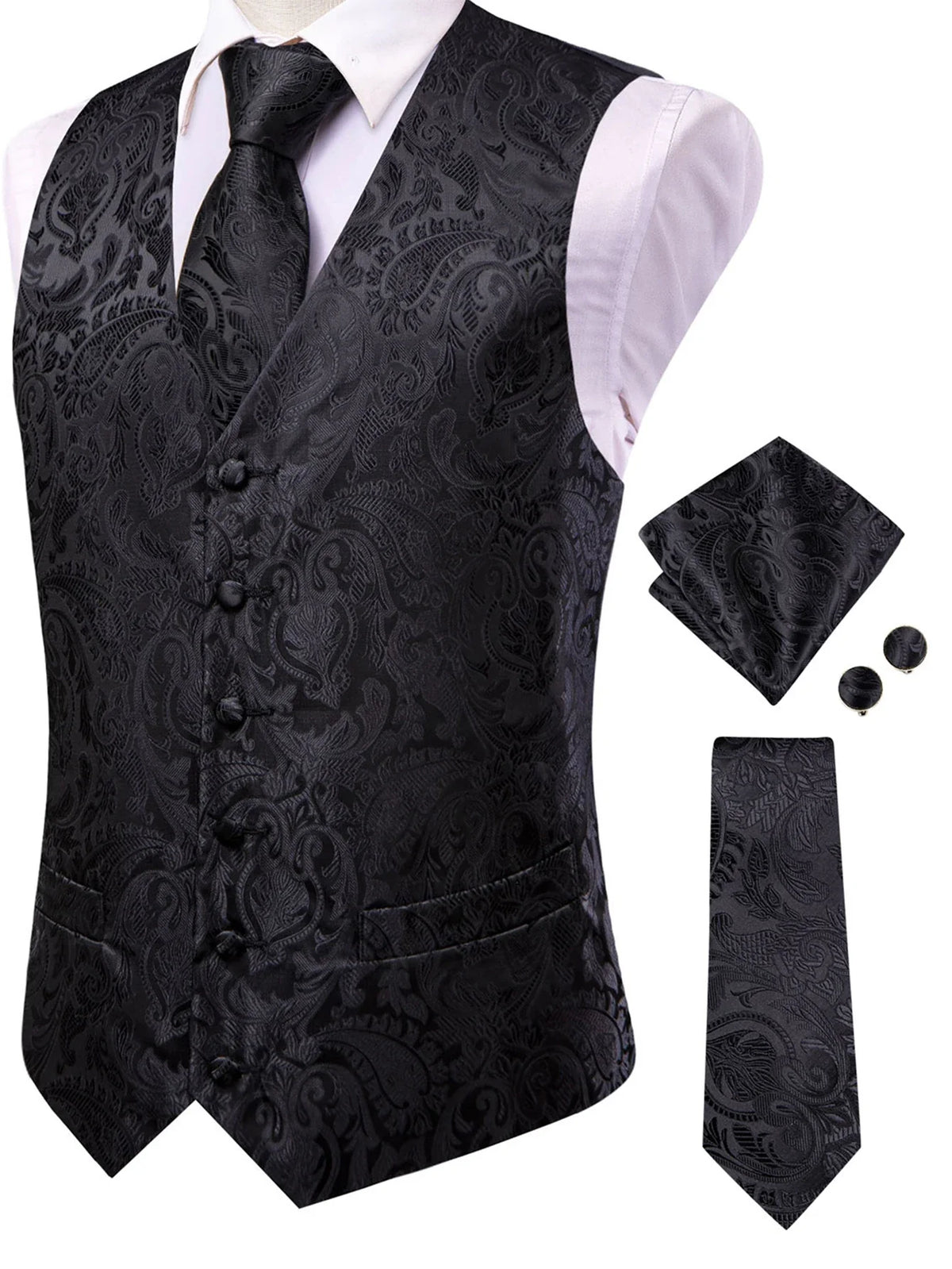Men's Paisley Waistcoat Set – Single Breasted Vest with Matching Tie for Weddings and Formal Events