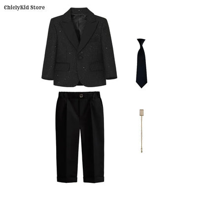 High Quality Boys Shiny Wedding Suits Kids Morning Coat Formal Dress Child Tuxedos Blazer Clothes Sets Toddler School Uniforms