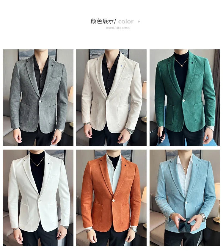 British Style Autumn Suede Business Casual Suit Jacket for Men High Quality Social Office Blazers Wedding Groom Dress Coats