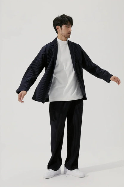 Men's Miyake Pleated Style Blazer Jacket Japanese Casual Stretch Slim Fit Business Office Fashion Luxury Wrinkle Resistant Coat