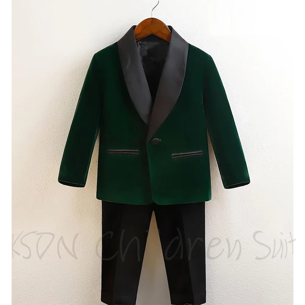 Baby Boys Burgundy Velvet Tuxedo Suit Formal Wedding Wear Chic Single Button Shawl Lapel Cute Children Outfit Two Pieces Set