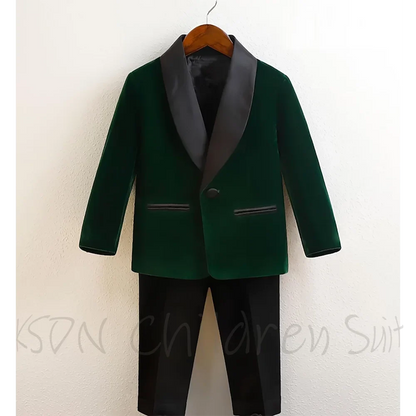 Baby Boys Burgundy Velvet Tuxedo Suit Formal Wedding Wear Chic Single Button Shawl Lapel Cute Children Outfit Two Pieces Set