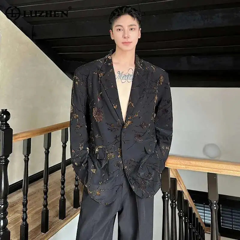 Jacquard Design Casual Suit Jacket High Street Personalized Stylish Loose Blazers Coat Elegant Korean Men Clothing LZ5013