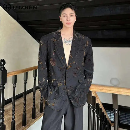 Jacquard Design Casual Suit Jacket High Street Personalized Stylish Loose Blazers Coat Elegant Korean Men Clothing LZ5013