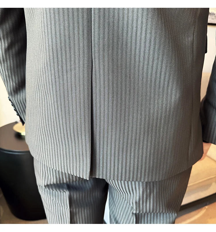 (Jackets+Pants+Vest) Luxury Stripe Men Suit Korean Version Fashion Elegant Slim Fit Tuxedo Formal Groom Wedding Social Suits