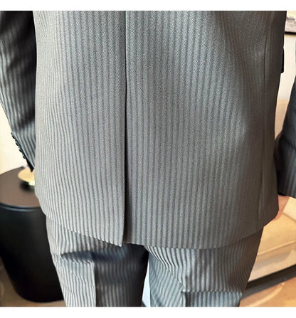 (Jackets+Pants+Vest) Luxury Stripe Men Suit Korean Version Fashion Elegant Slim Fit Tuxedo Formal Groom Wedding Social Suits
