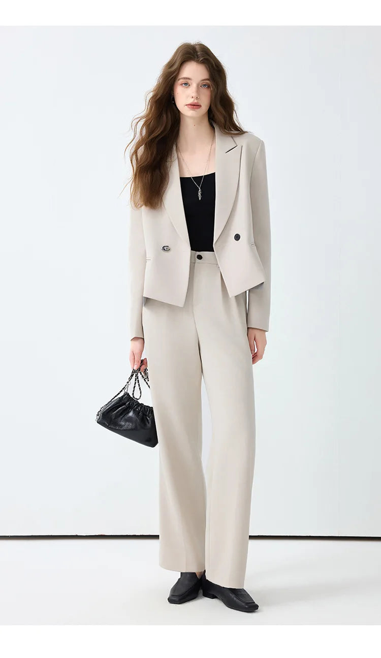 Solid Suits for Women 2025 Spring Fashion Office Ladies Long Sleeve Double Breasted Short Tops Chic Cargo Pant Suits