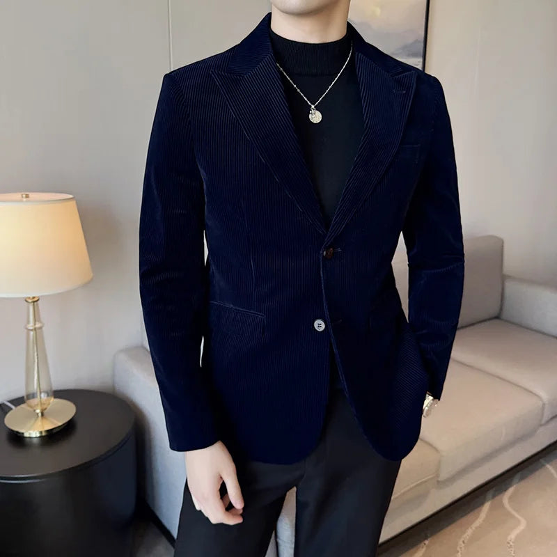 Autumn Winter New Corduroy Striped Suit Jacket Men High Quality Slim Fit Business Social Formal Suit Coats Tailcoat Men Clothing
