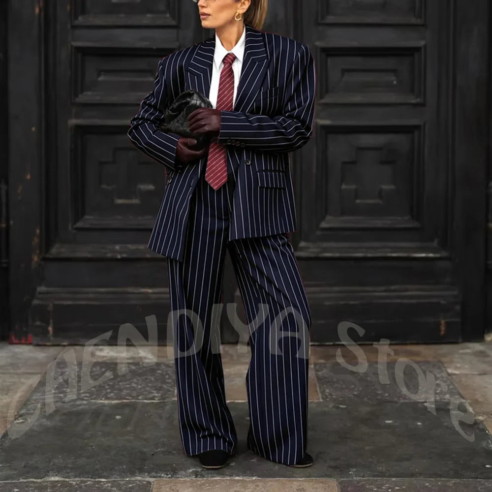 Burgundy Striped Casual Women Suit Two Pieces Jacket Pants Loose Fit Peak Lapel Blazer Set Evening Party Prom Lady Outfit