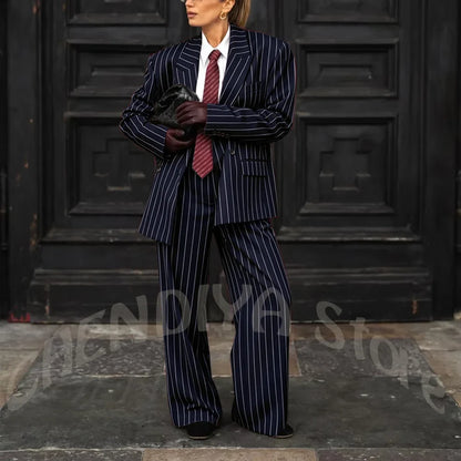 Burgundy Striped Casual Women Suit Two Pieces Jacket Pants Loose Fit Peak Lapel Blazer Set Evening Party Prom Lady Outfit