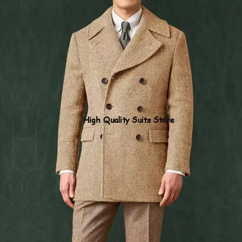 Men's Herringbone Tweed Overcoat Double-Breasted Wide Lapel Wool Blend Formal & Wedding Coat