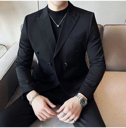 Autumn High-quality Double Breasted Slim Fit Suit Jacket Men Versatile Casual Business Blazer Wedding Social Banquet Formal Coat