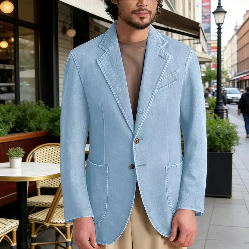 Men's Stretch Denim Blazer Classic Fit Notch Lapel 2 Button Suit Jacket Soft Breathable Business Casual Sport Coat For Spring