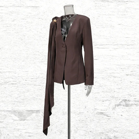 Spring Autumn New Women Blazer Irregular Pleated Ribbon Decoration V-neck Single Button Waist Cinching Elegant Coat HK17094