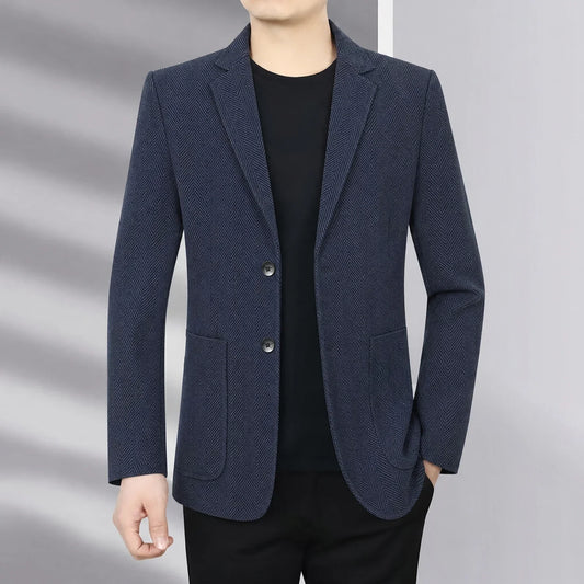 Men's Checkered Woolen Blazer Smart Casual Single Breasted Suit Jacket for Autumn Winter