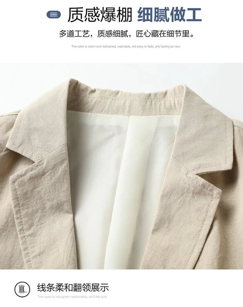 Spring and Autumn Slim-Fit Men's Stylish and Handsome Business Suits with Mid-Calf Length Jackets and Young Men's Linen Shirts