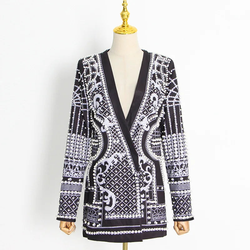 Autumn New Women's Elegant Fashion Luxury Heavy Craft Beaded Printed Coat Stylish V-neck Long Sleeve High-end Blazer HK8297