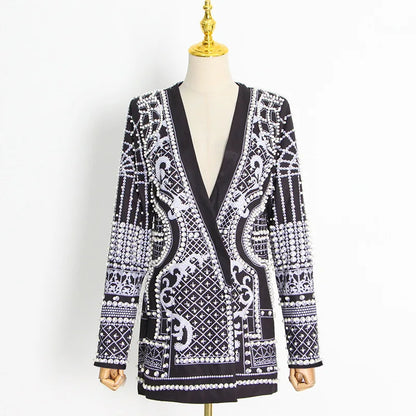 Autumn New Women's Elegant Fashion Luxury Heavy Craft Beaded Printed Coat Stylish V-neck Long Sleeve High-end Blazer HK8297