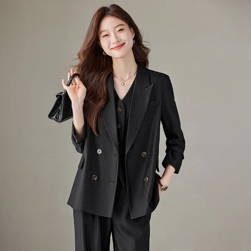 Ladies Full Suit Set 2024 Plus Size Women's Double Breasted Casual Suit Suit Elegant Formal Pants 2-piece Set (Top + Pants)