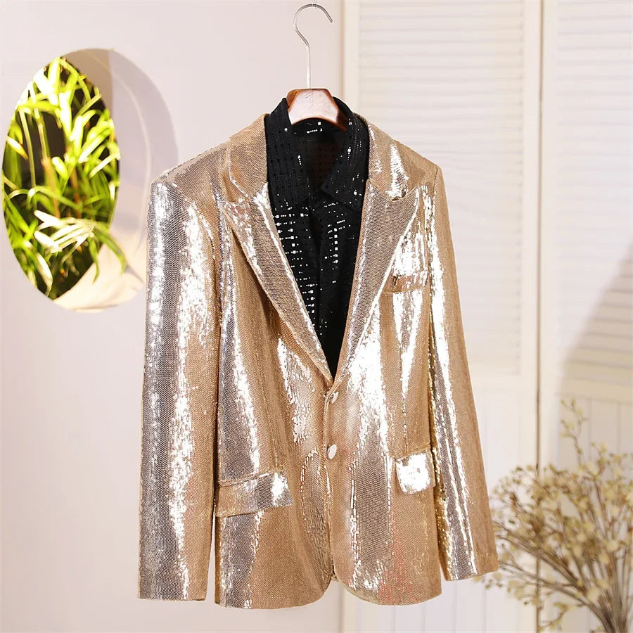 Men's Casual Blazers Suit Jackets Singer Silver Sequins Party Glitter Club Bar Concert Shiny Coat Stage Performance Costume