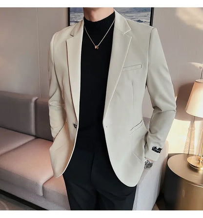 High-Quality Fashionable Men's Slim Fit Business Suit Jacket Autumn Wear Korean Style Pure Color Tweed High-End Feel