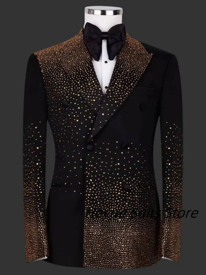 Men's 2-Piece Suit Set Golden Beads Slim Fit Double Breasted Groom Wedding Tuxedo