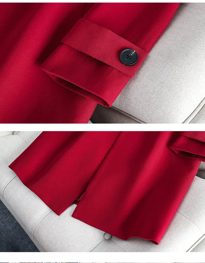 2022 Winter High-end Women's Business Suit Pants Two-piece Set Temperament Slim Solid Color Lady Double Breasted Trench Coat