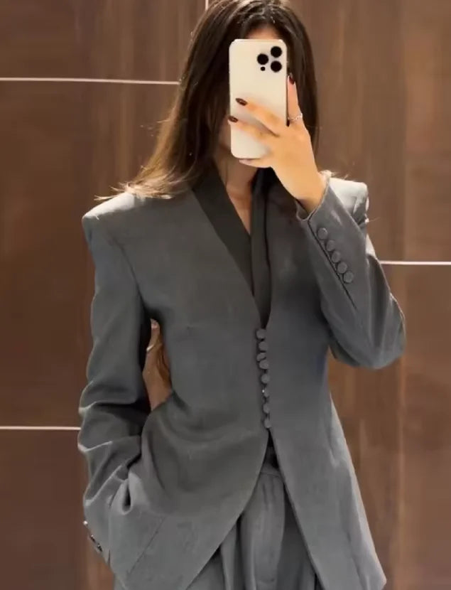 Women's Waist-Cinching Blazer, V-Neck Slim Fit, with Tie, High-End Office Jacket, Single-Button, Women's Formal Top, Commuter Blazer