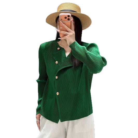 Style Pleated Blazer  in Spring and Autumn Irregular Design Large Lapel Cardigan Temperament Versatile Pleated Top