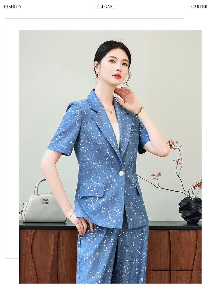 Fashion Blue Yellow Short Sleeve Professional Suit Women New Summer Elegant Formal Slim Blazer And Pants Office Ladies Work Wear
