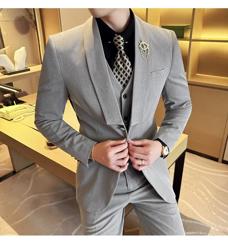 High Quality Casual Business Suit Set Men Slim Fit Social Wedding Groom Formal Set 3 Piece Set (jacket+vest+pant）men Clothing