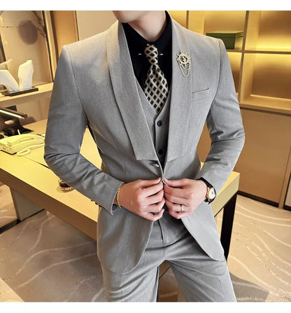High Quality Casual Business Suit Set Men Slim Fit Social Wedding Groom Formal Set 3 Piece Set (jacket+vest+pant）men Clothing