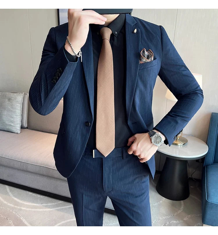 7XL 6XL(Jacket+Pant）Fashion Striped Men Slim Fit Suit Groom Wedding Tuxedo Formal Business Party Slim Fit Social Stage Costume