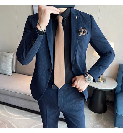 7XL 6XL(Jacket+Pant）Fashion Striped Men Slim Fit Suit Groom Wedding Tuxedo Formal Business Party Slim Fit Social Stage Costume