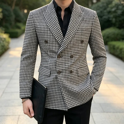 Slim Fit Plaid Men Suit Jacket 1 Piece Double Breasted Houndstooth Check Male Blazer For Wedding Prom Party tweed blazer coats