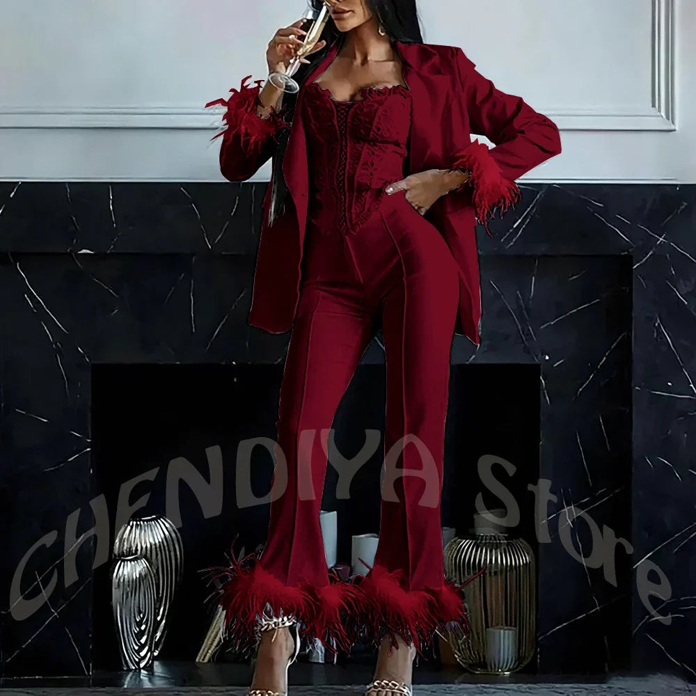 Women's Two Pieces Set Luxury 2026 Slim Fit Notch Lapel Glamorous Feather Blazer Formal Evening Party Tailored Made Outfit