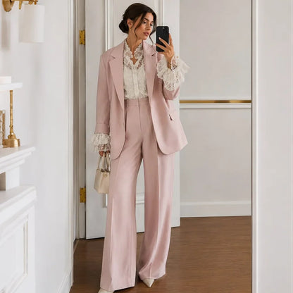 Romantic Women Pink 2 Piece Suit Single Breasted Notched Lapel Jacket Pants Set Elegant Office Wedding Party Matching Outfit