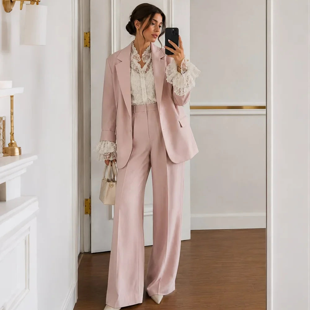 Romantic Women Pink 2 Piece Suit Single Breasted Notched Lapel Jacket Pants Set Elegant Office Wedding Party Matching Outfit