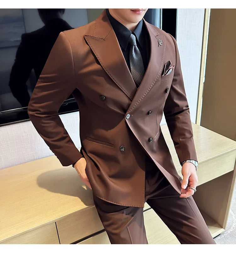 (Jackets +Pants ) Men's Suits 2 Piece High-Quality Double Breasted Lapel Solid Business Groom Wedding Tuxedo Banquet Clothing