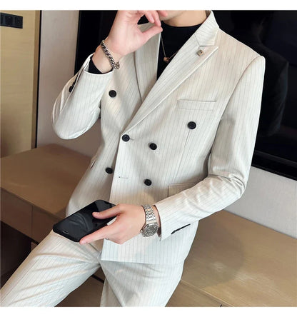 (Jacket + Vest + Pants)Three Piece Set Men Blazers Set stripe Suits Busines Casual Slim Fit Formal Dress Groom Tuxedo Wedding