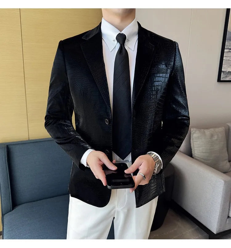2026 Crocodile Patterned Leather Suit Jacket Men Slim Fit Business Casual Leather Jacket Wedding Groom Party Work Men Blazers