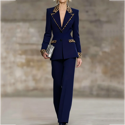 Fashion Desingn Women's Suit Set Leopard Patchwork Notch Lapel Blazer Pants Runway Office Business Casual Tailored Outfit