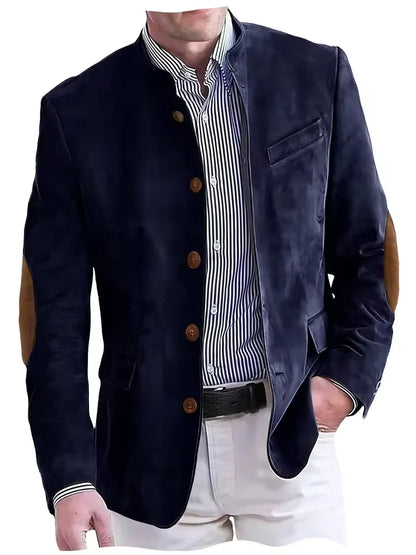 Vintage Men's Suede Blazer Elbow Patch Slim Fit Mandarin Collar Textured Fabric Jacket Business Casual Wedding Party Coat