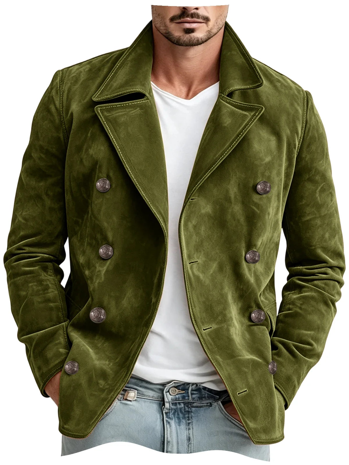 Men Faux Suede Jacket Double Breasted Lapel Collar Casual Blazer Vintage Comfort Business Office Autumn Winter Fashion Male Coat