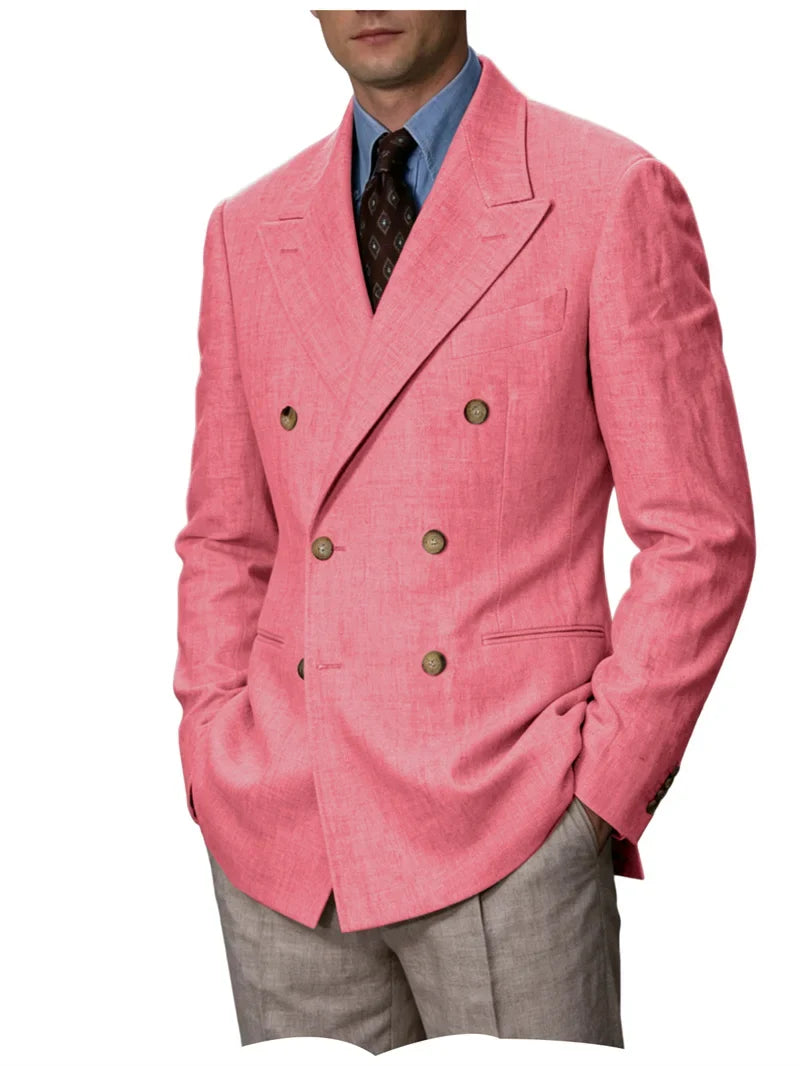 Men Linen Blazer Double Breasted Jacket Lightweight Soft Slim Coat For Business Wedding Casual Daily Party Vacation Dating