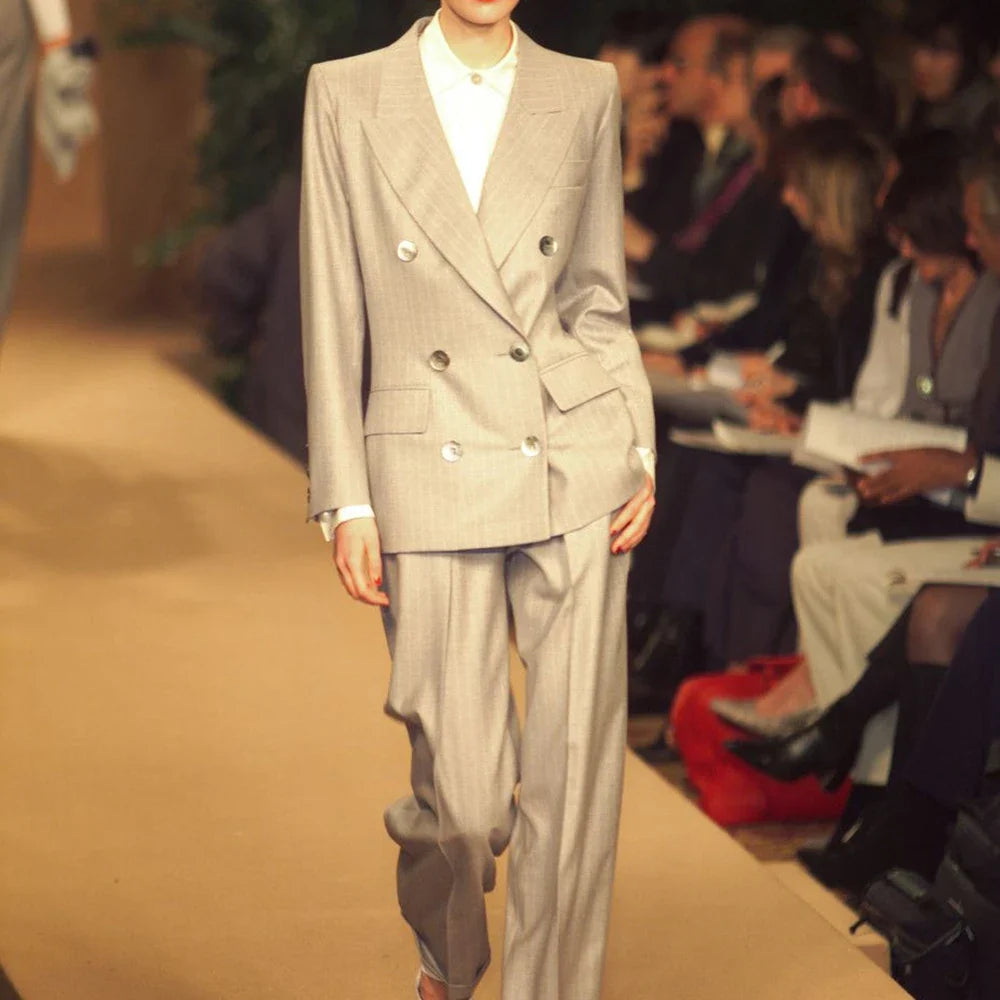 Vintage Women's Suits 2Piece Striped Blazer&Pants Sets Retro Formal Office Wear Classic Double-Breasted Jacket and Wide Trousers