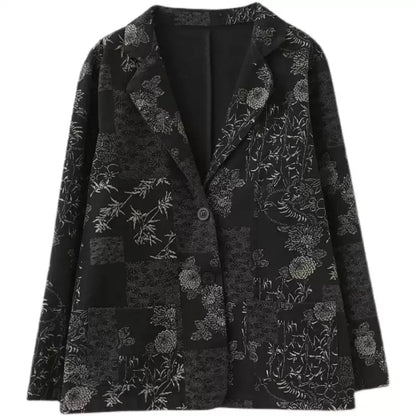 Women's Retro Chinese Style Denim Jacket Bamboo Flower Print Casual Loose Single Breasted Jean Blazer Women Vintage Outerwear